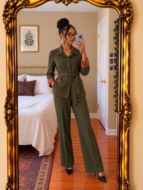Vintage CHAUS Olive Green Belted Blazer Pant Suit 10 Career Office Tailored